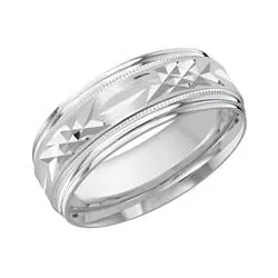 8MM White Gold Carved Satin Wedding Band