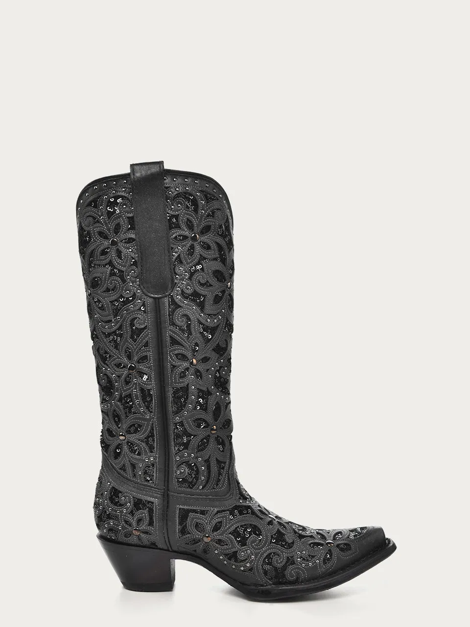 A3752 - WOMEN'S BLACK GLITTER INLAY FLORAL OVERLAY WITH CRYSTALS AND STUDS SNIP TOE BLACK COWBOY BOOT