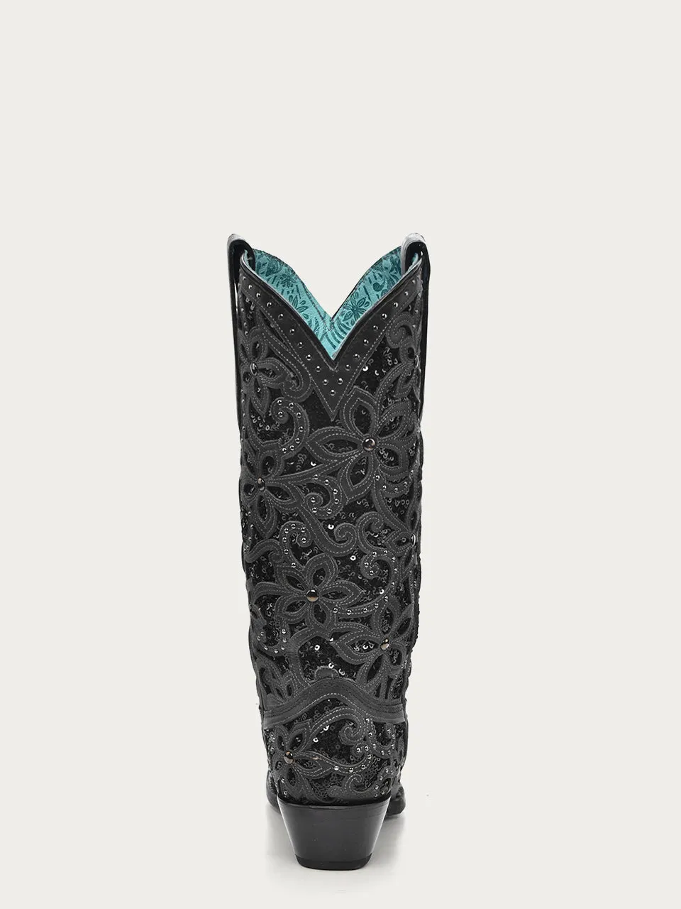 A3752 - WOMEN'S BLACK GLITTER INLAY FLORAL OVERLAY WITH CRYSTALS AND STUDS SNIP TOE BLACK COWBOY BOOT