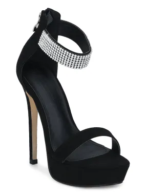 Black Micro Diamante Ankle Strap Platform Stilettos