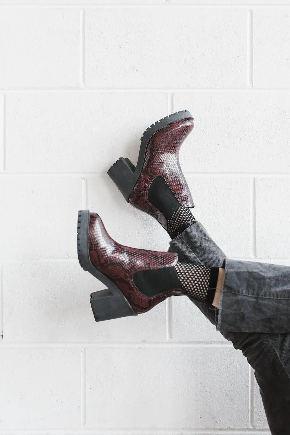 'Evie' Boots by Zette Shoes - Burgundy Snakeskin