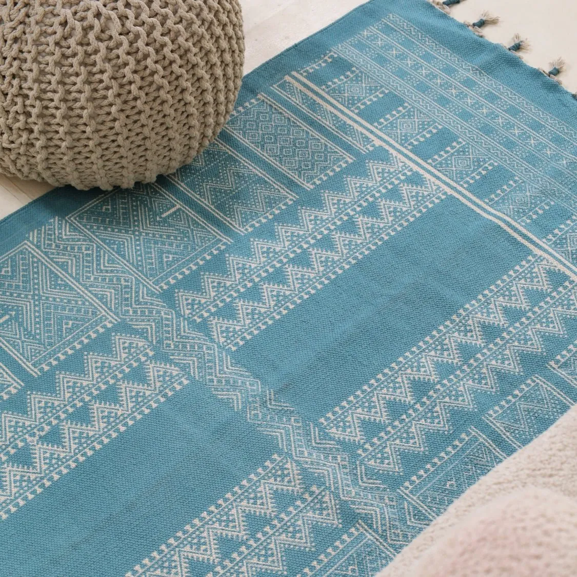 Handprinted Cotton Rug In Teal | Floor Rugs | Handmade In India