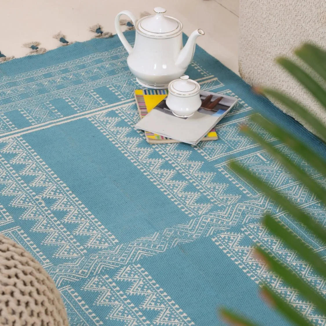 Handprinted Cotton Rug In Teal | Floor Rugs | Handmade In India