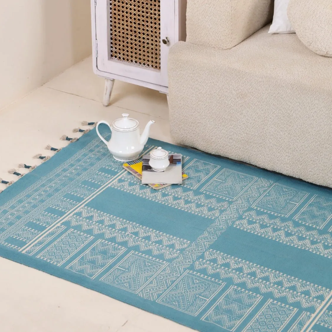 Handprinted Cotton Rug In Teal | Floor Rugs | Handmade In India