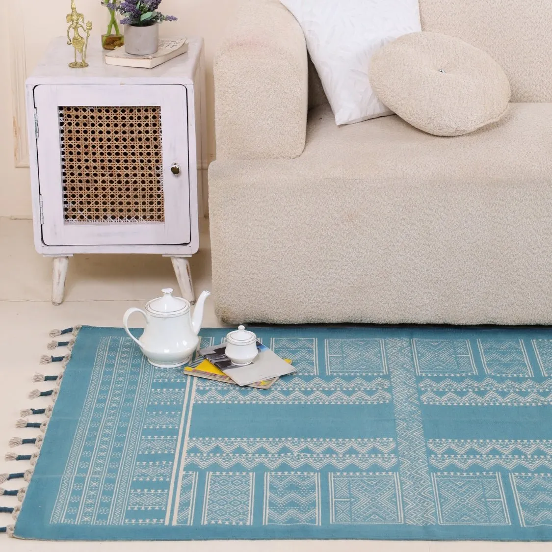 Handprinted Cotton Rug In Teal | Floor Rugs | Handmade In India