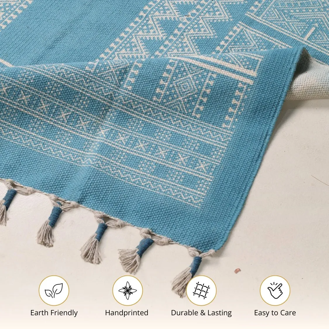 Handprinted Cotton Rug In Teal | Floor Rugs | Handmade In India