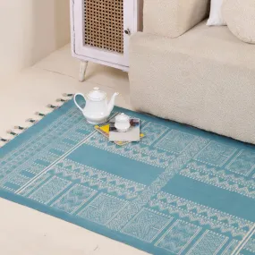 Handprinted Cotton Rug In Teal | Floor Rugs | Handmade In India