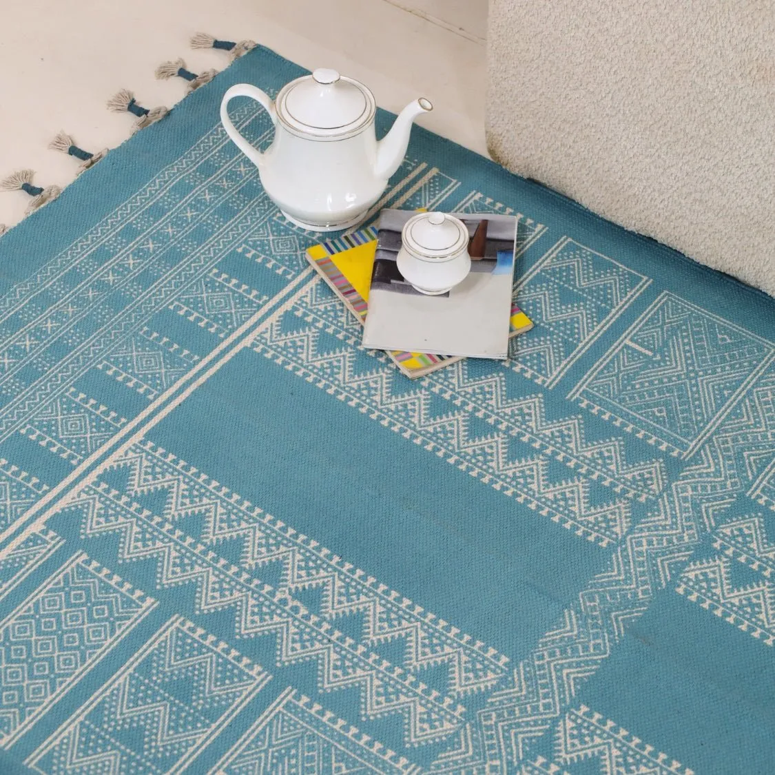 Handprinted Cotton Rug In Teal | Floor Rugs | Handmade In India