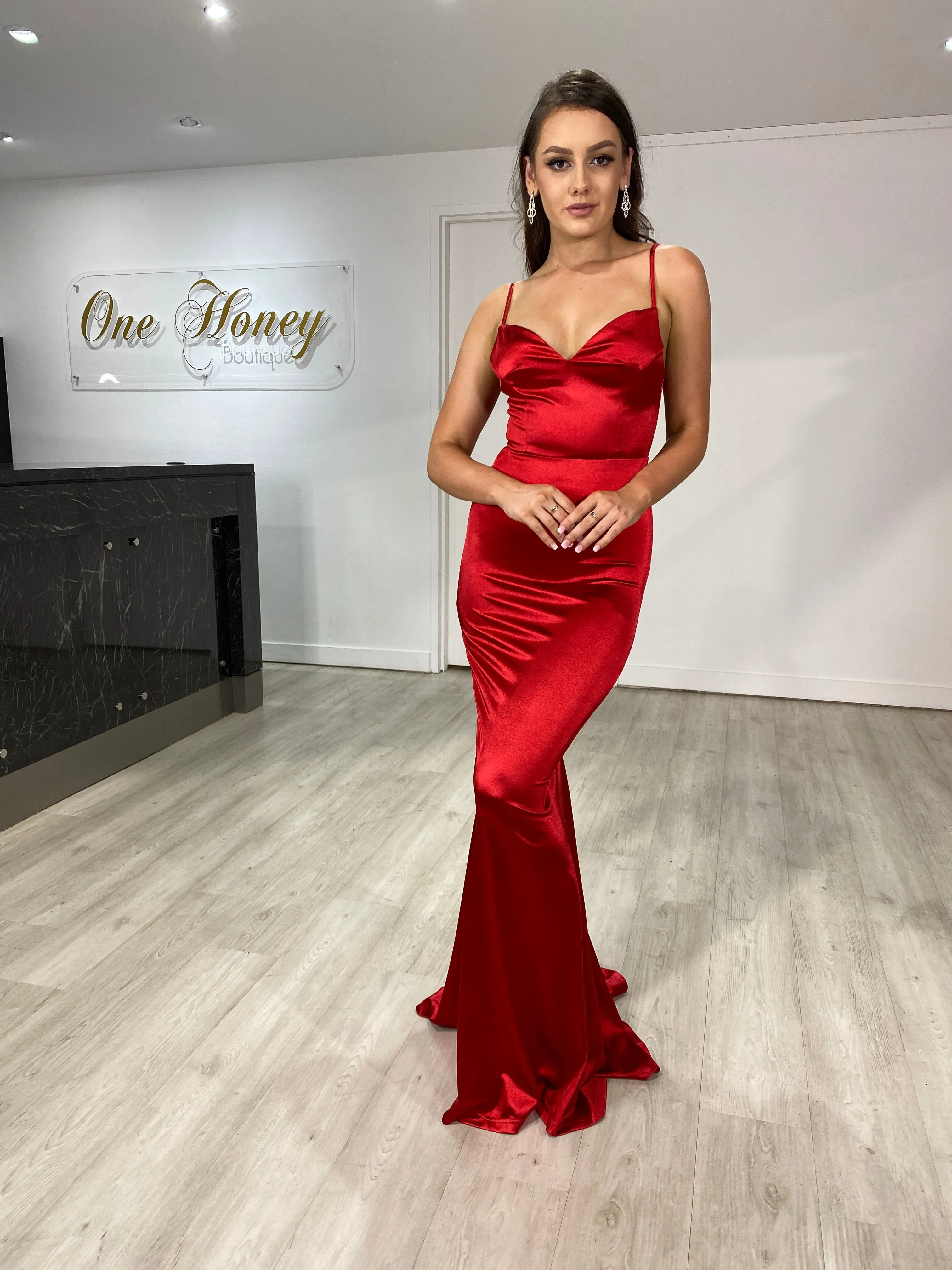 Honey Couture DANA Red Bum Ruching Cut Out Back Formal Dress