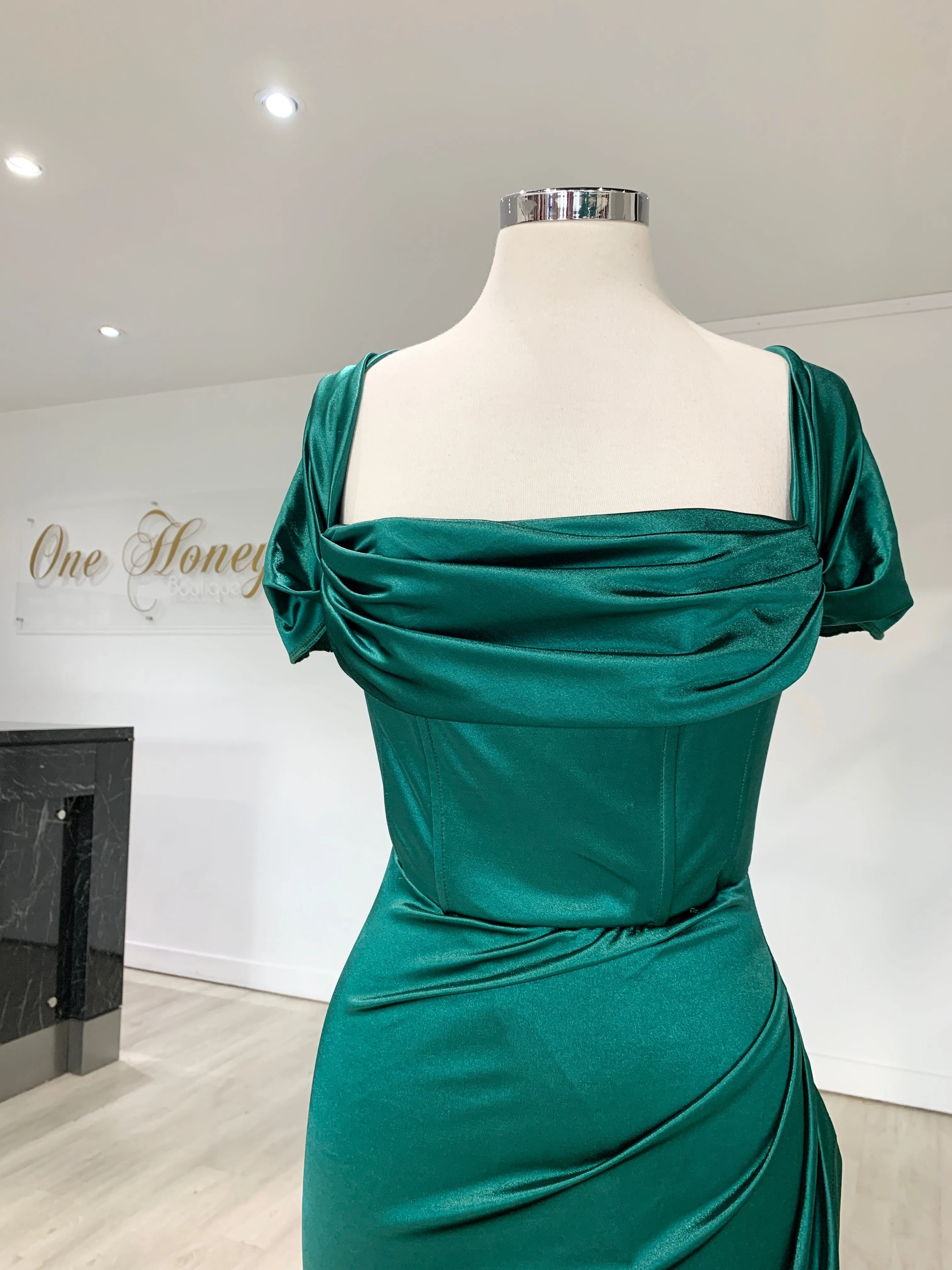 Honey Couture ESMERELDA Emerald Green Off Shoulder Corset Bustier Formal Dress