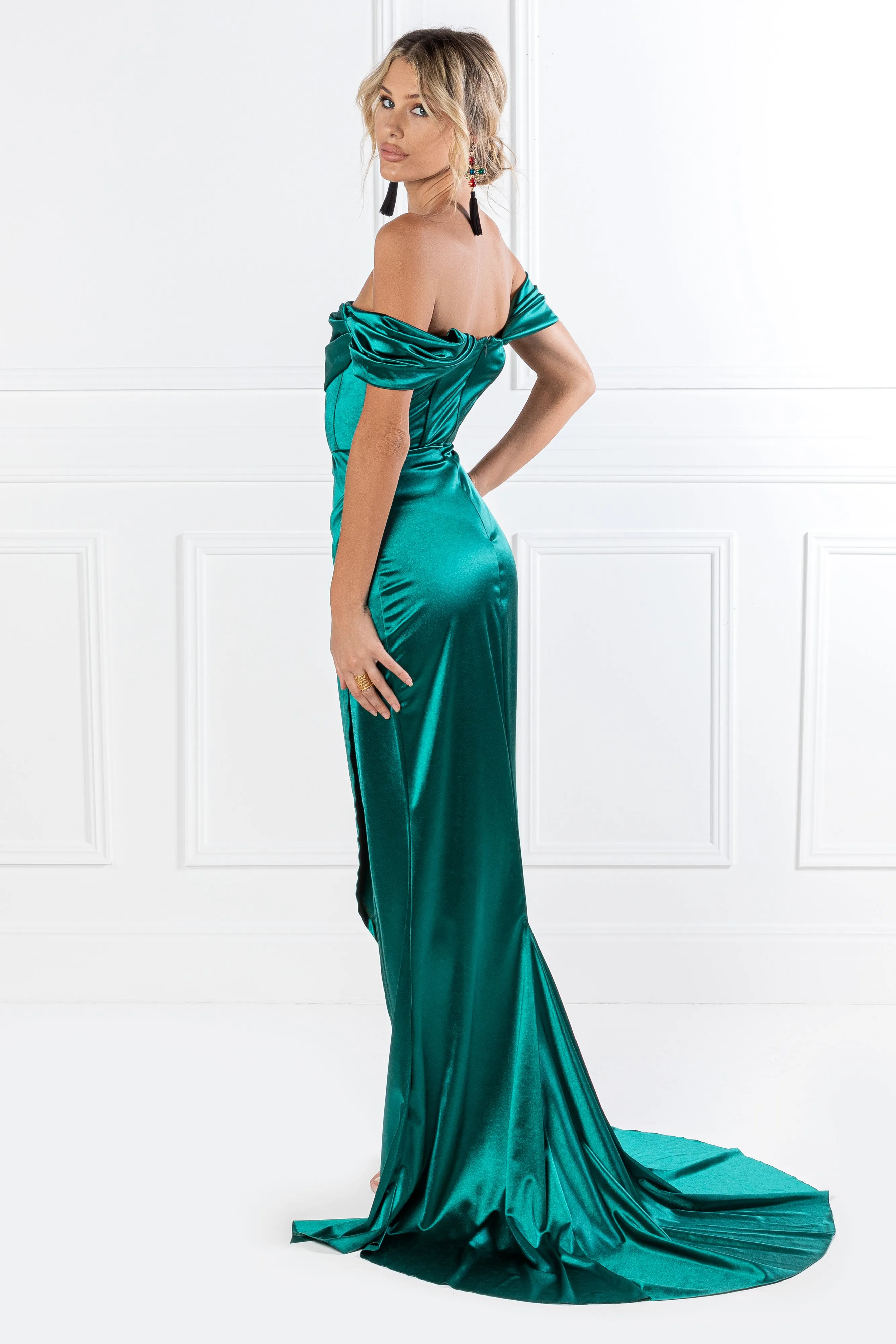 Honey Couture ESMERELDA Emerald Green Off Shoulder Corset Bustier Formal Dress