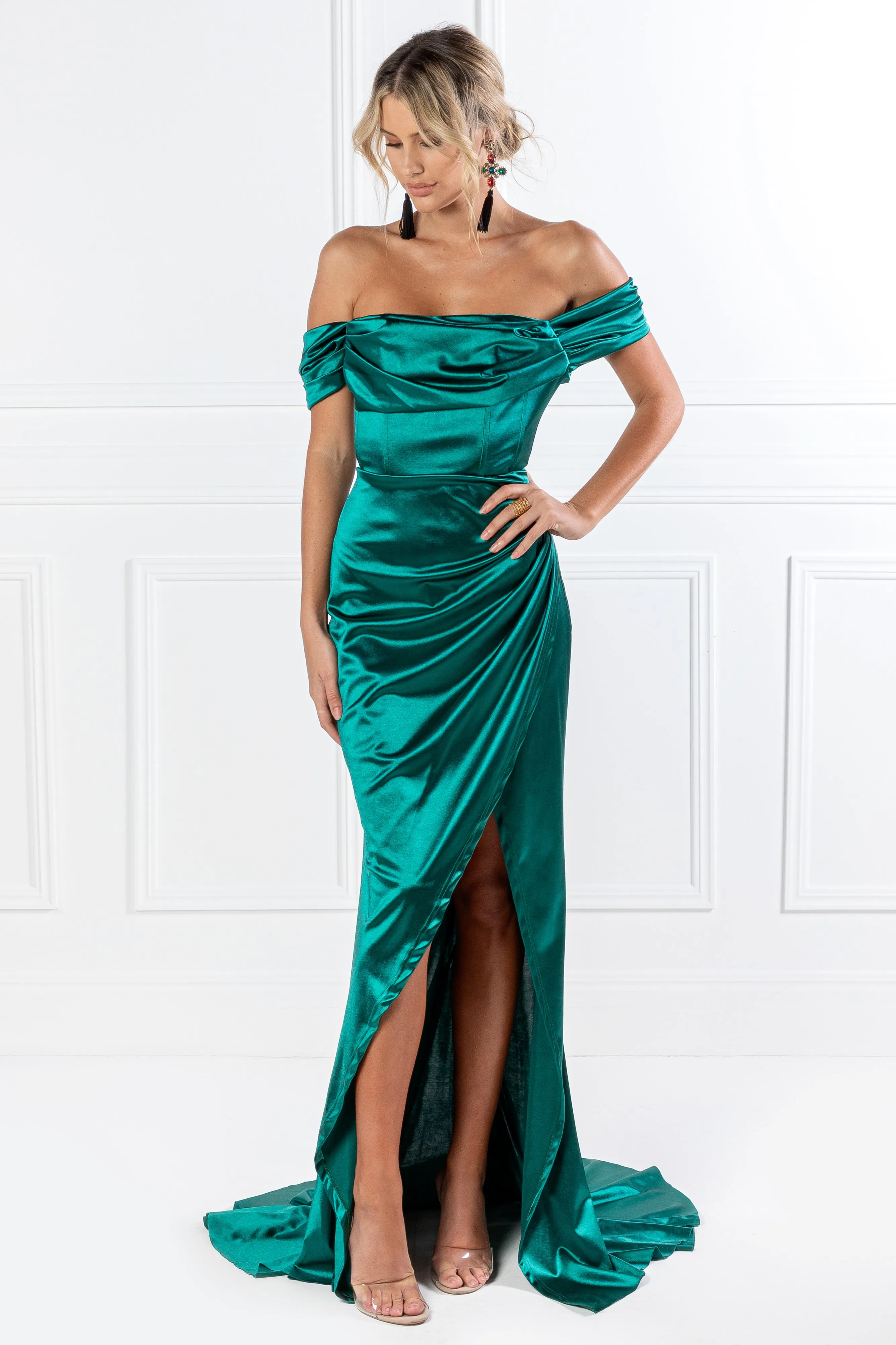 Honey Couture ESMERELDA Emerald Green Off Shoulder Corset Bustier Formal Dress