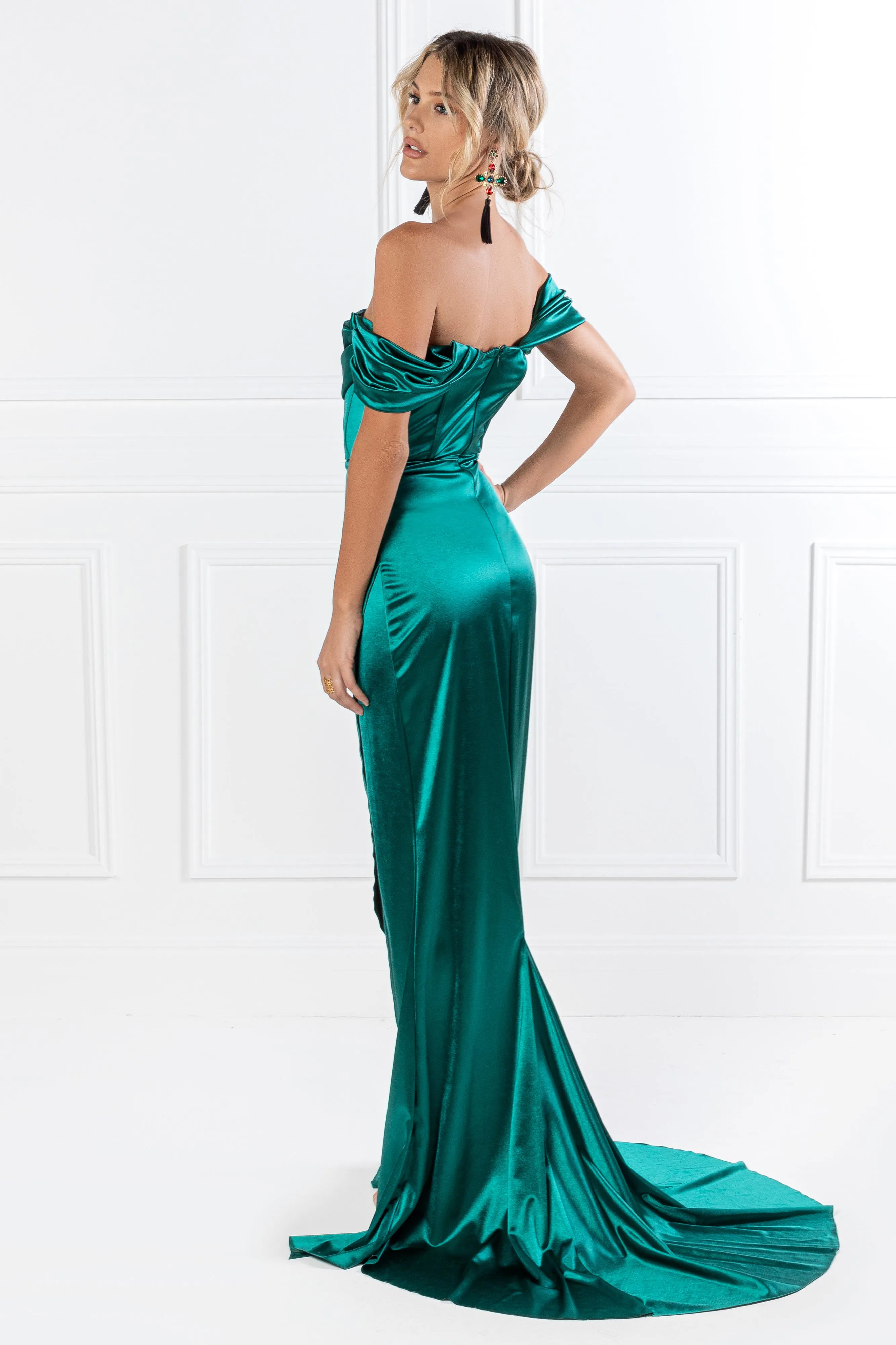 Honey Couture ESMERELDA Emerald Green Off Shoulder Corset Bustier Formal Dress