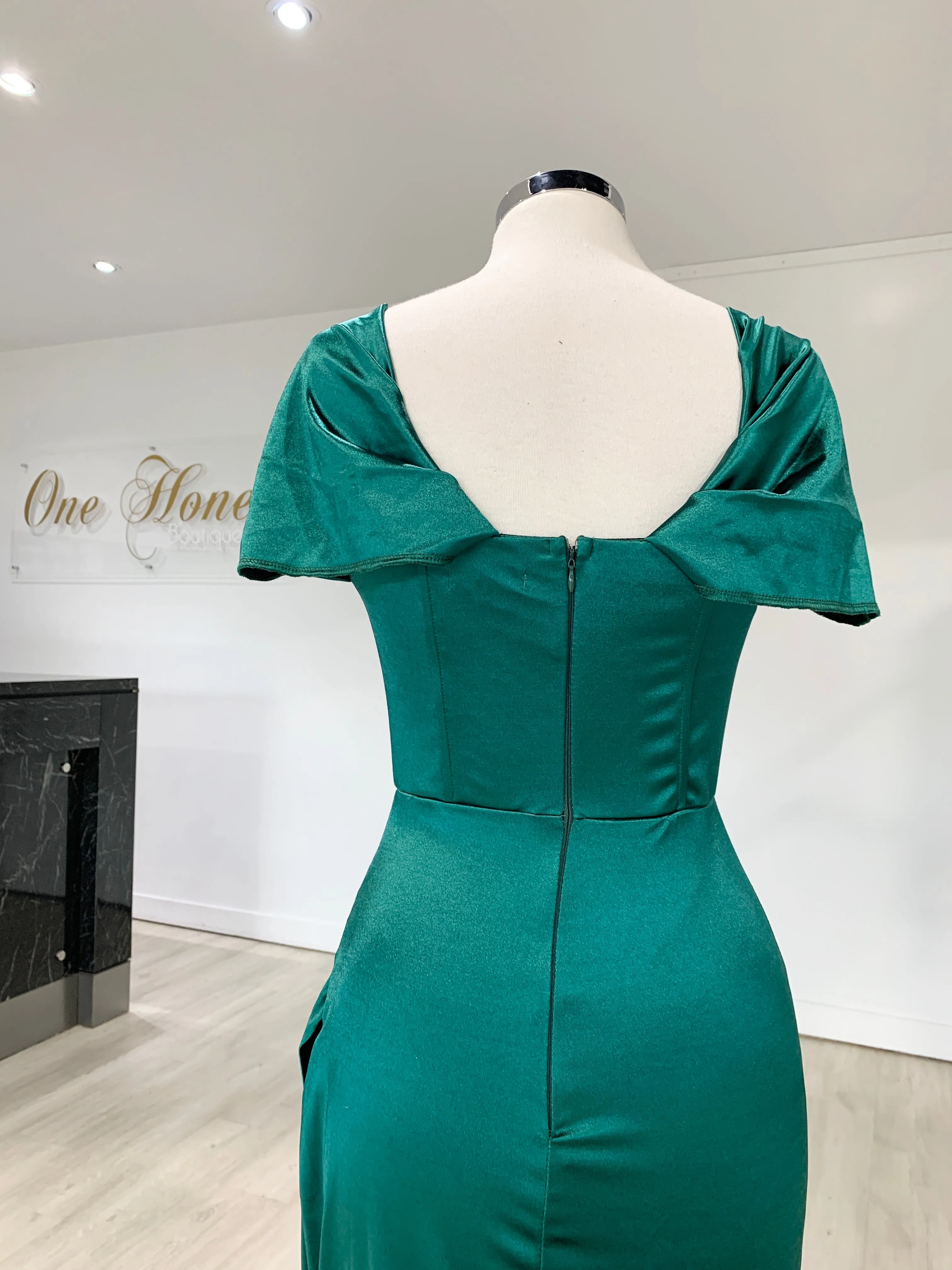 Honey Couture ESMERELDA Emerald Green Off Shoulder Corset Bustier Formal Dress