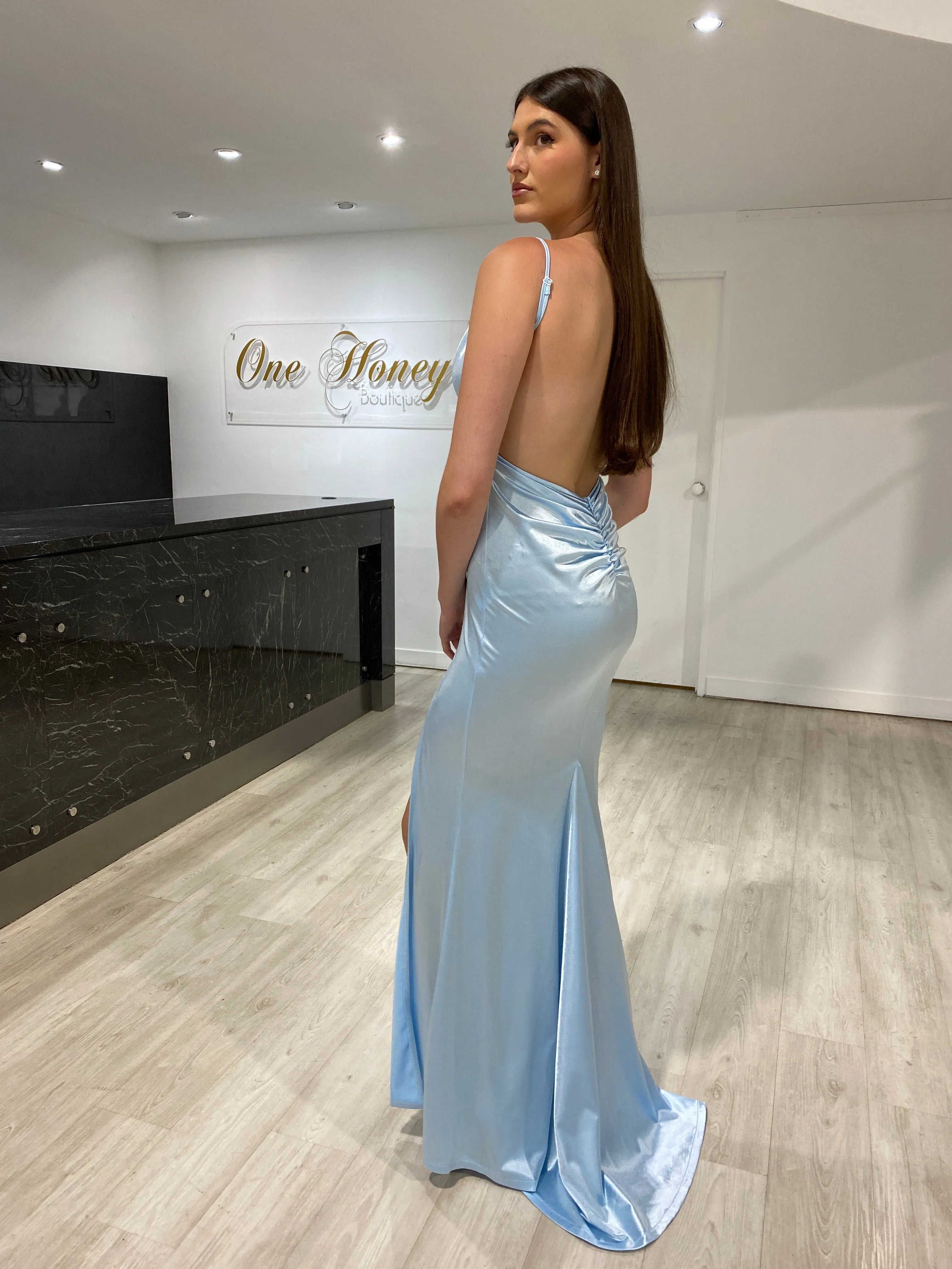 Honey Couture MILEE Baby Blue Low Back Mermaid Evening Gown Dress w Leg Split (RED TAG FINAL SALE)