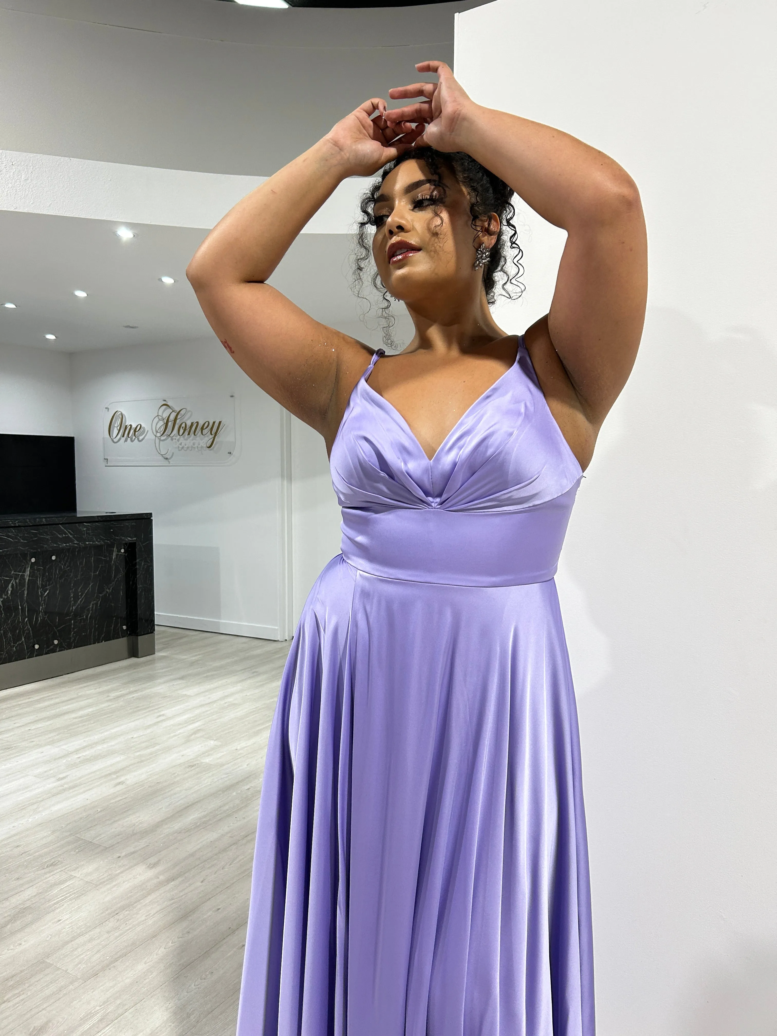 Honey Couture ROSALIA Curve Lavender Silky A Line Formal Dress