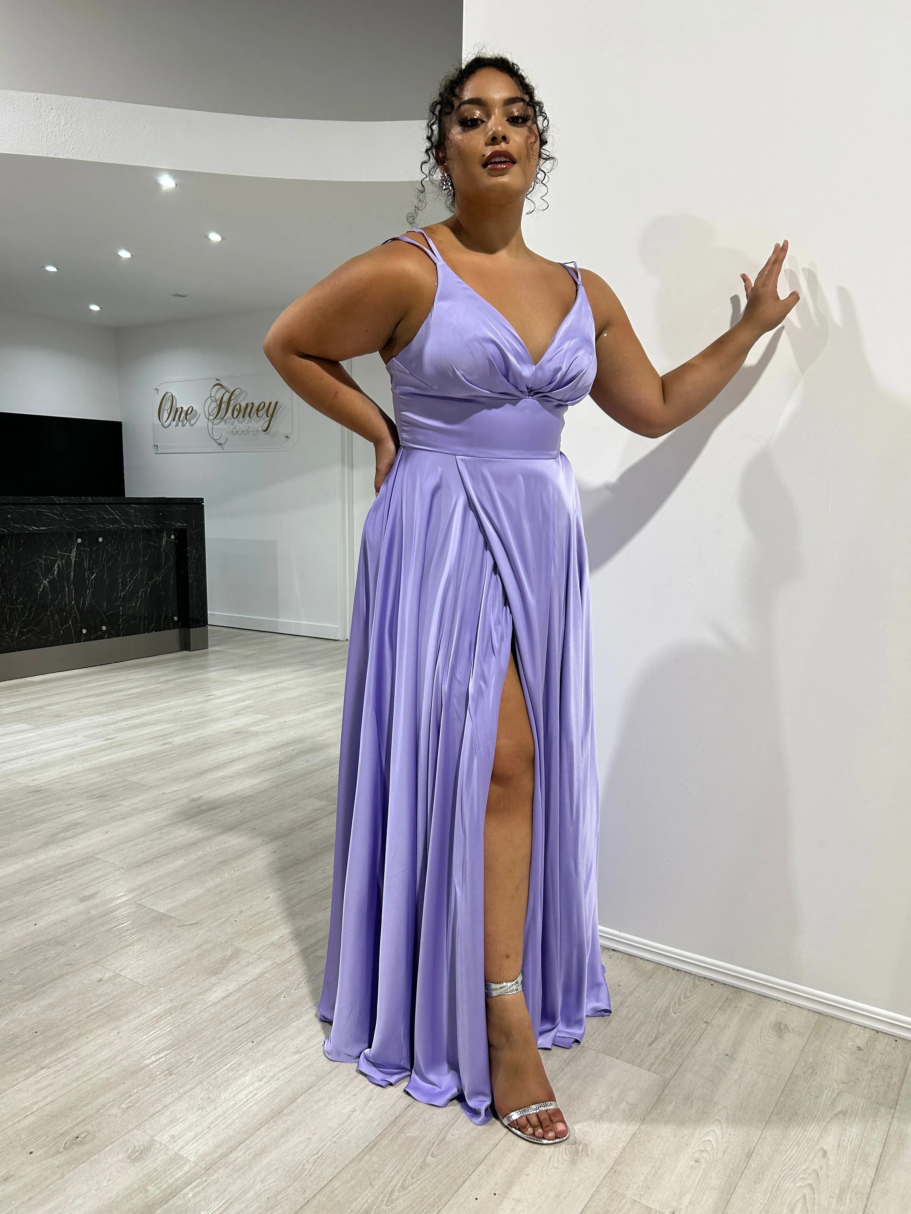 Honey Couture ROSALIA Curve Lavender Silky A Line Formal Dress