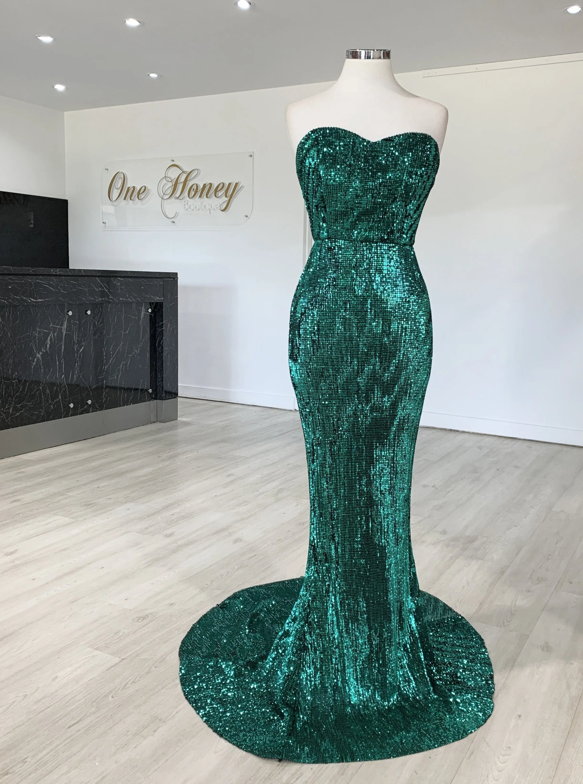 Honey Couture SONYA Emerald Green Strapless Sequin Evening Gown Dress