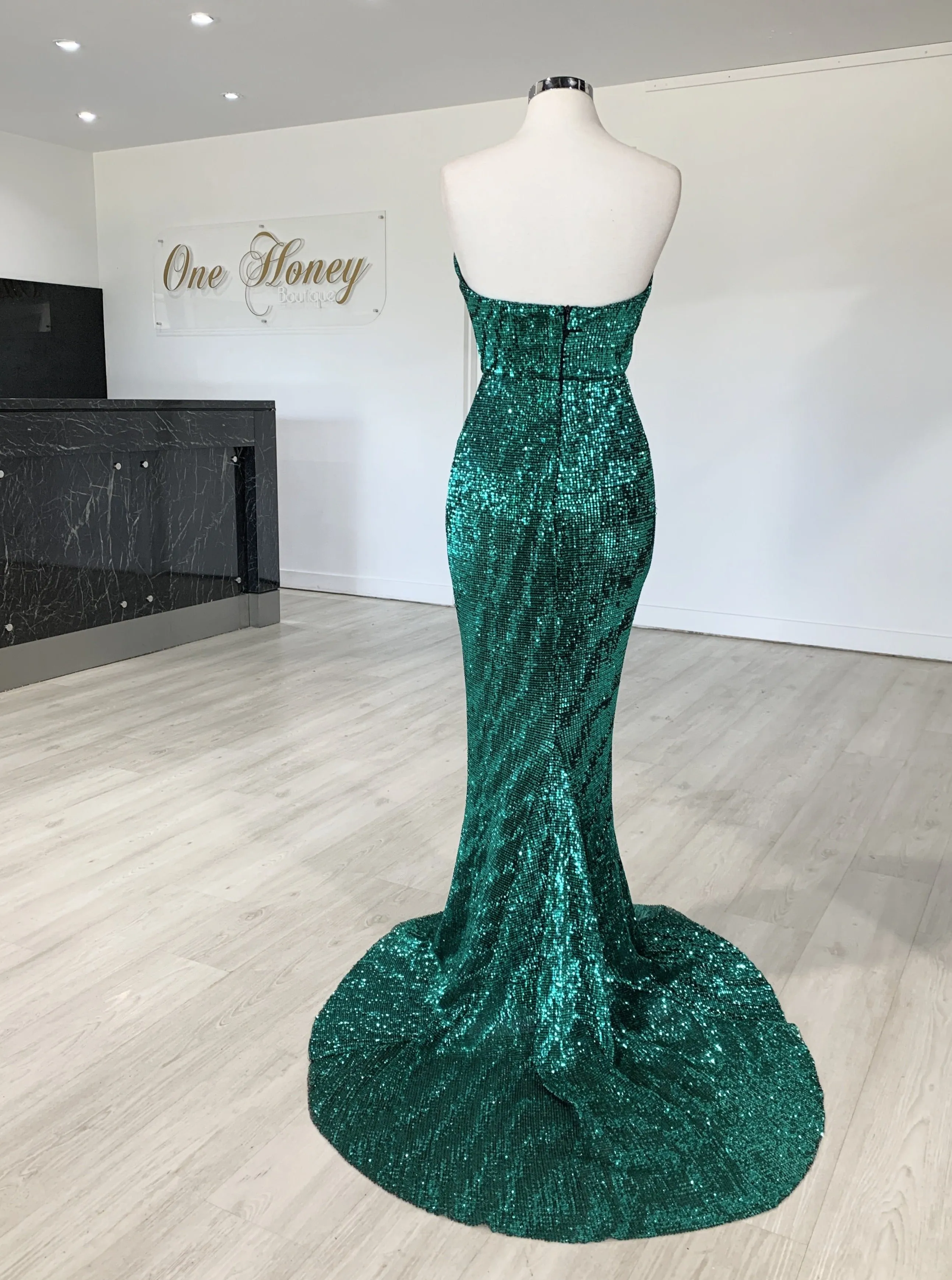 Honey Couture SONYA Emerald Green Strapless Sequin Evening Gown Dress