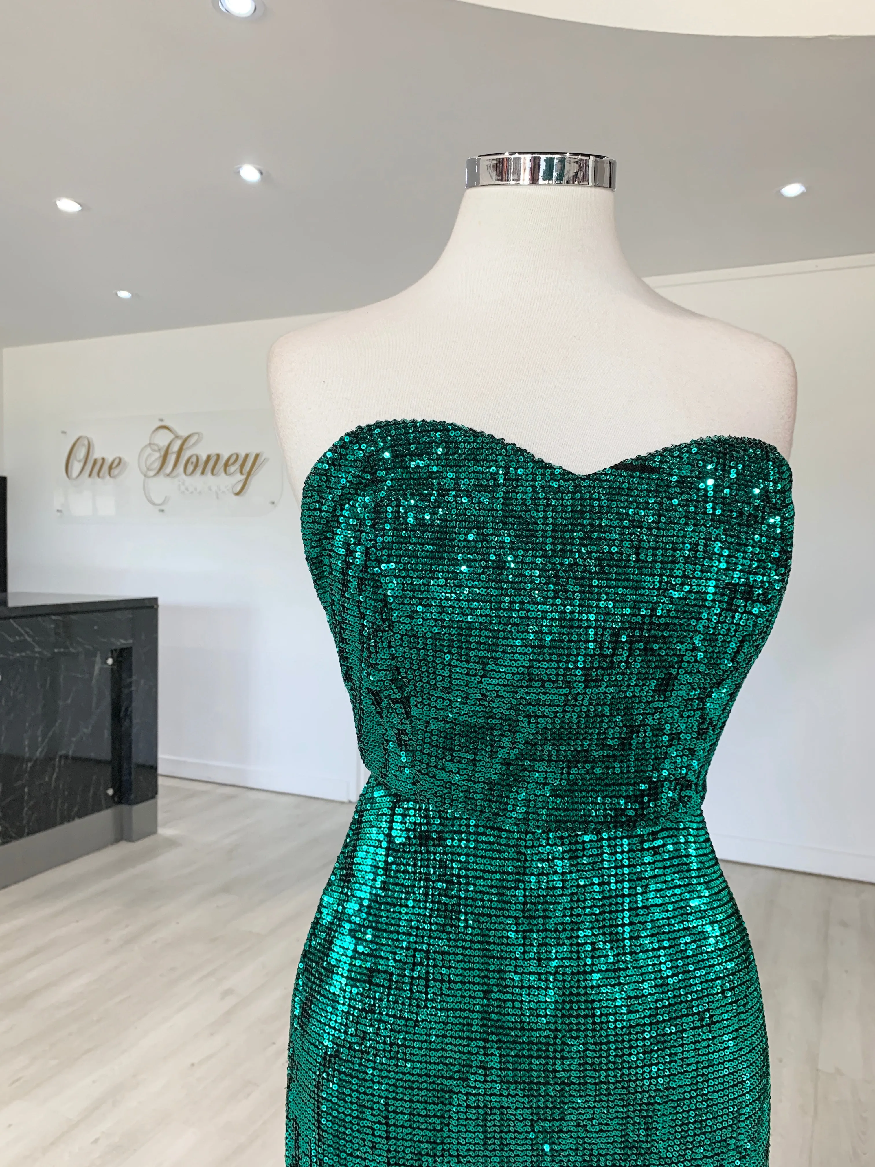 Honey Couture SONYA Emerald Green Strapless Sequin Evening Gown Dress