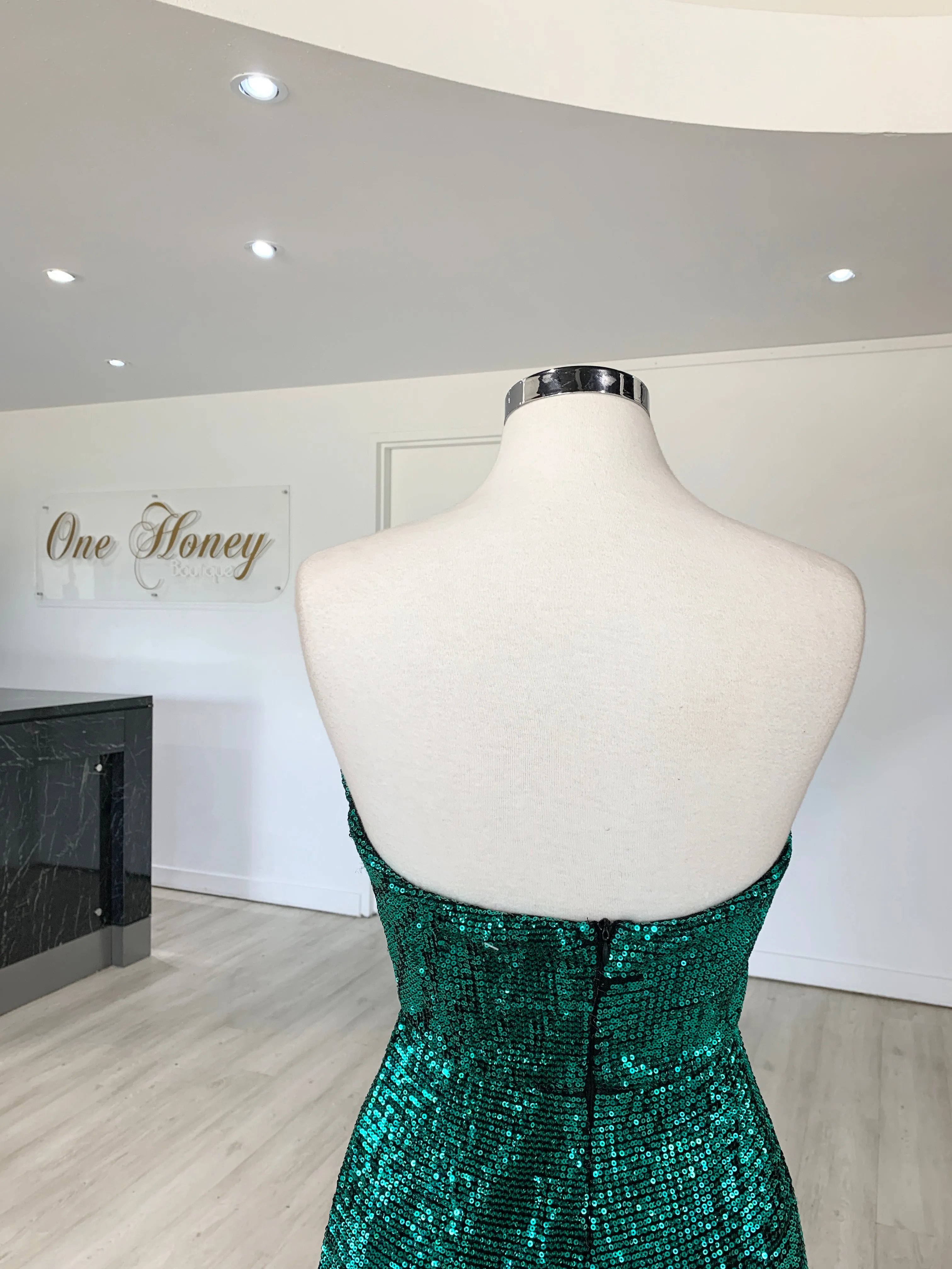 Honey Couture SONYA Emerald Green Strapless Sequin Evening Gown Dress