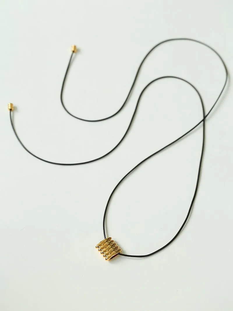 Long Black Leather Necklace with Striped Geometric Pendant