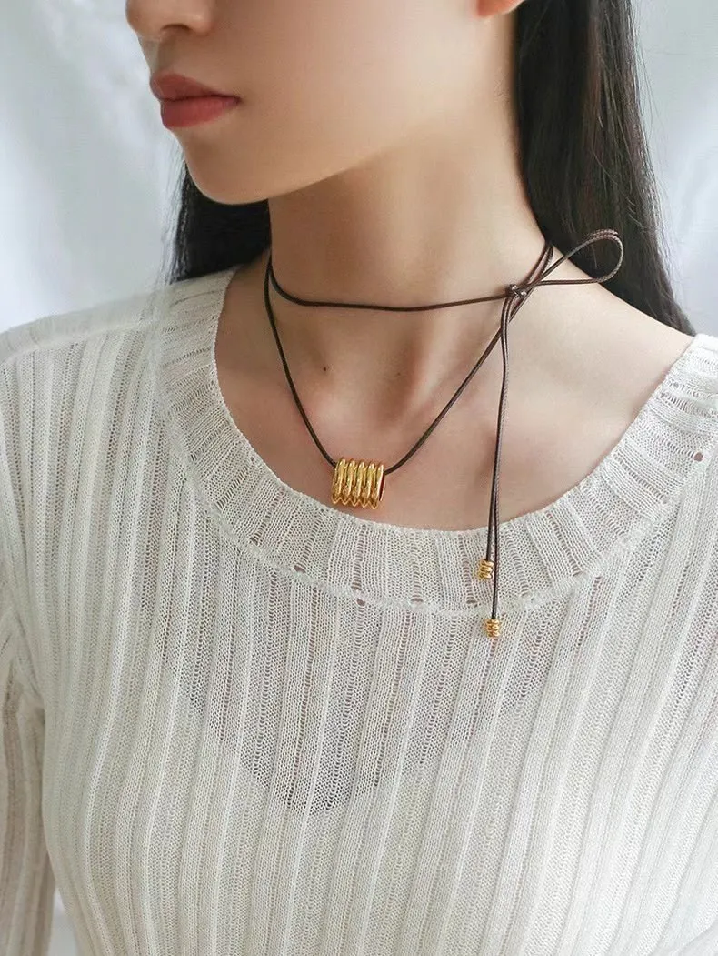 Long Black Leather Necklace with Striped Geometric Pendant