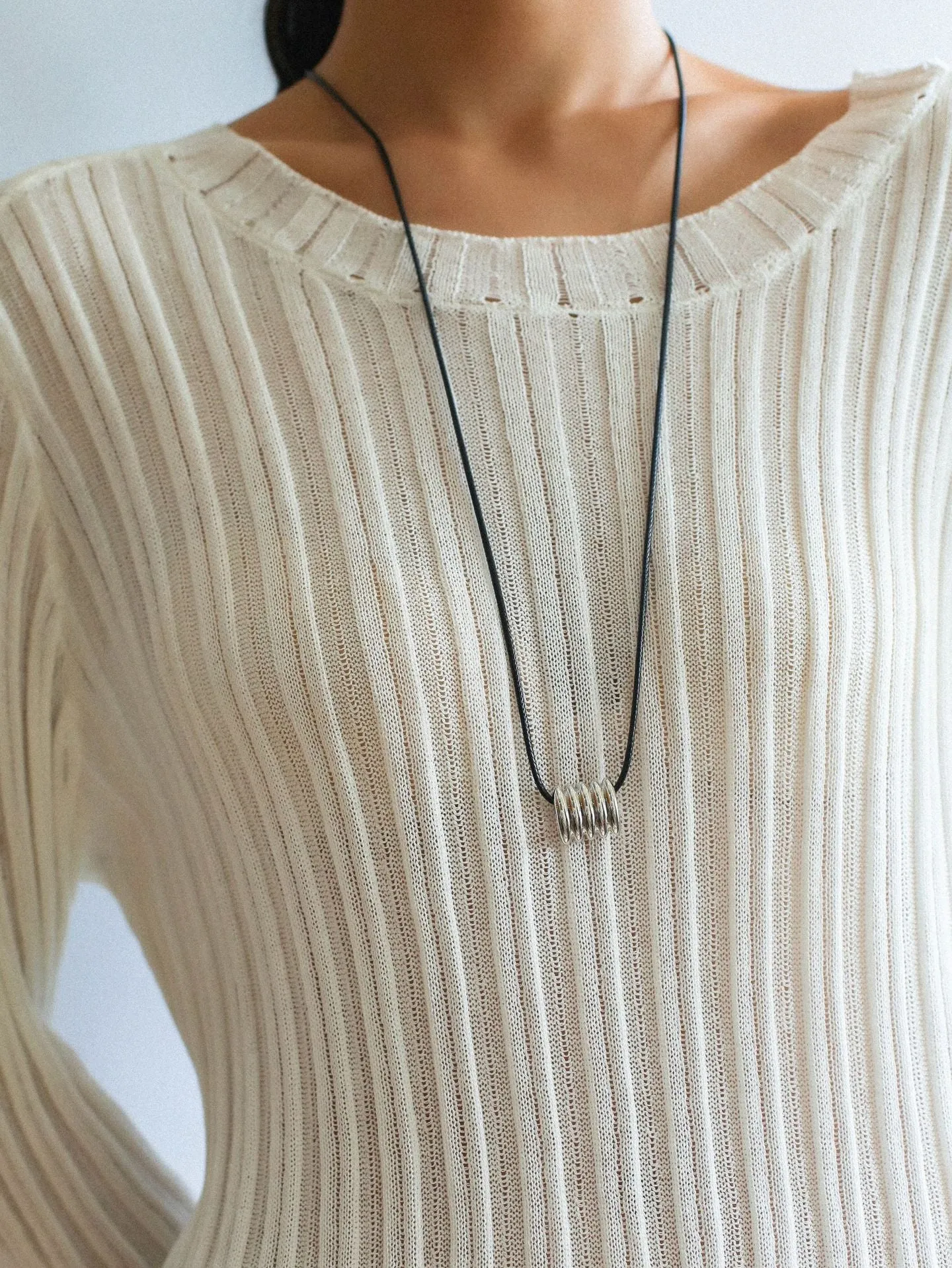 Long Black Leather Necklace with Striped Geometric Pendant