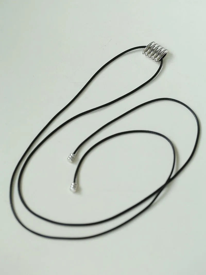 Long Black Leather Necklace with Striped Geometric Pendant