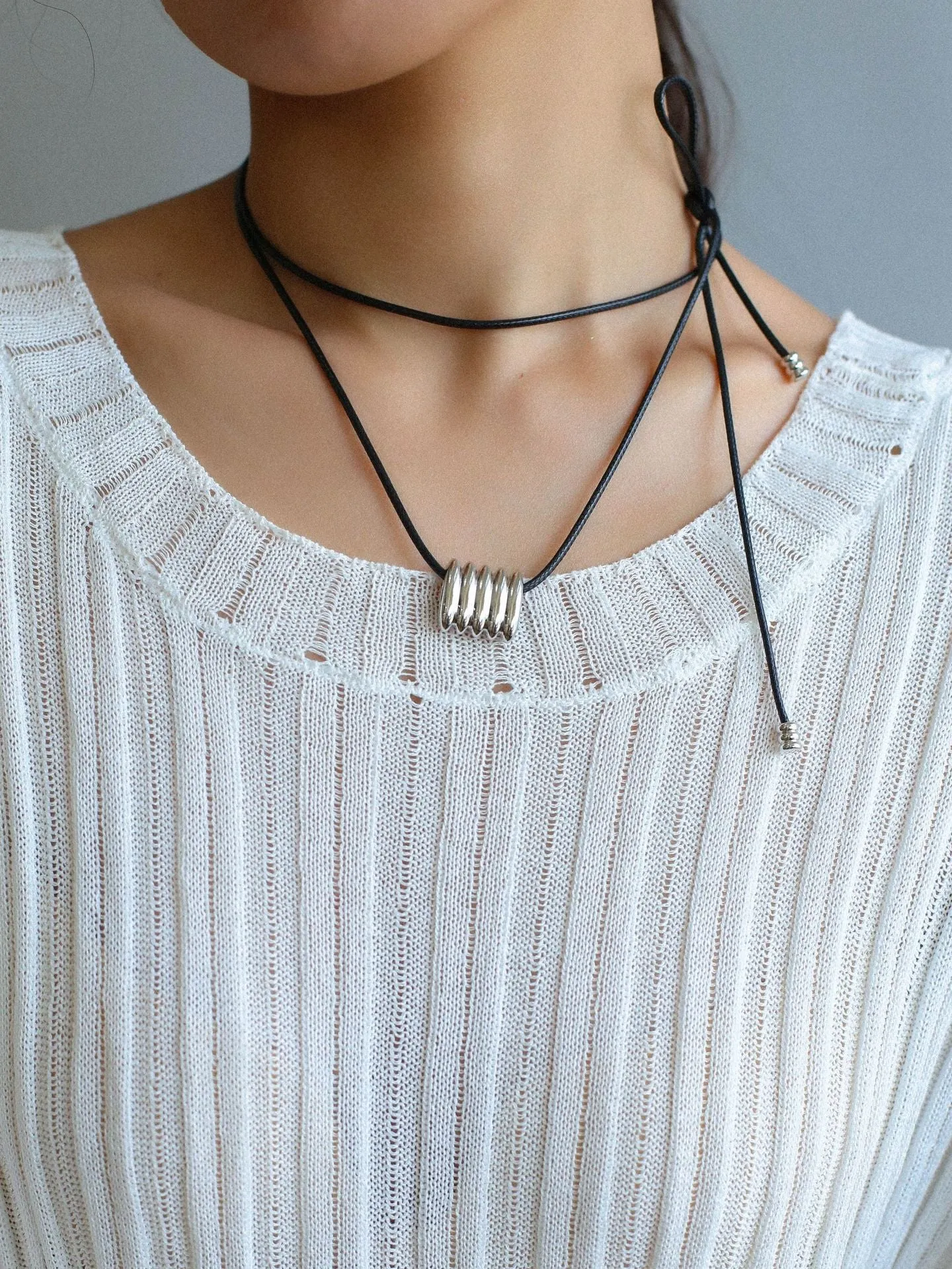 Long Black Leather Necklace with Striped Geometric Pendant