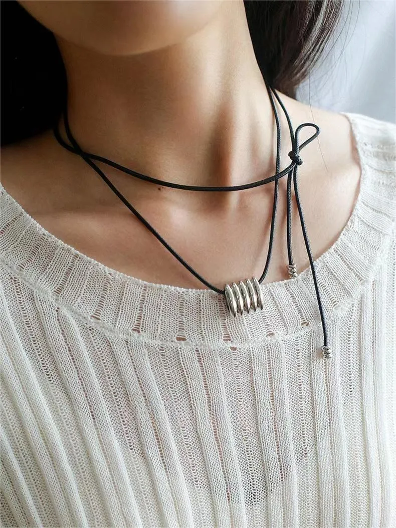 Long Black Leather Necklace with Striped Geometric Pendant