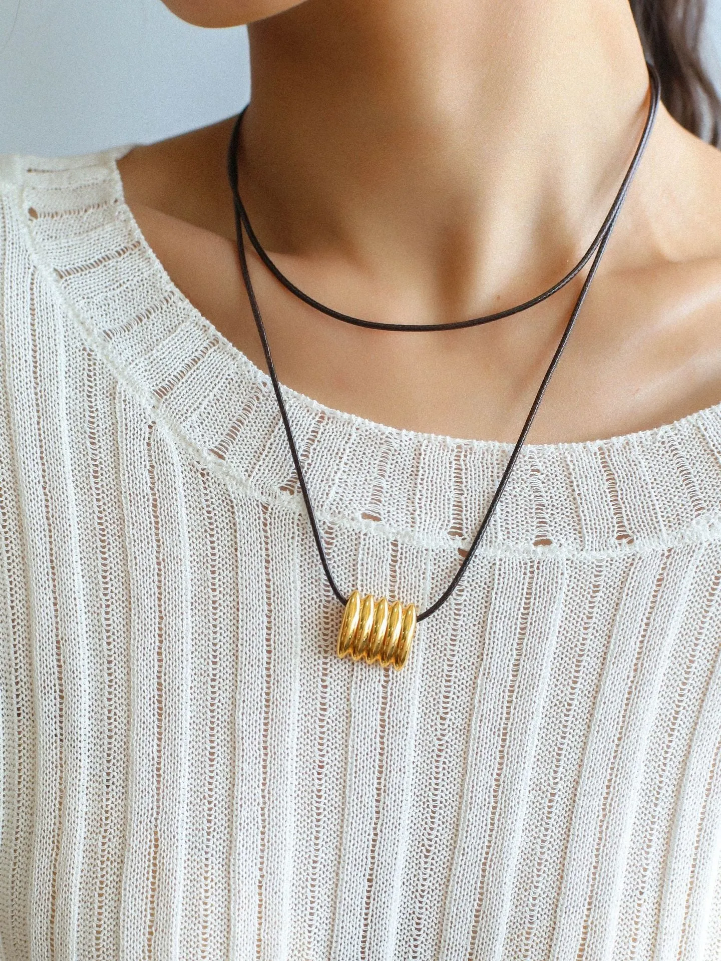 Long Black Leather Necklace with Striped Geometric Pendant