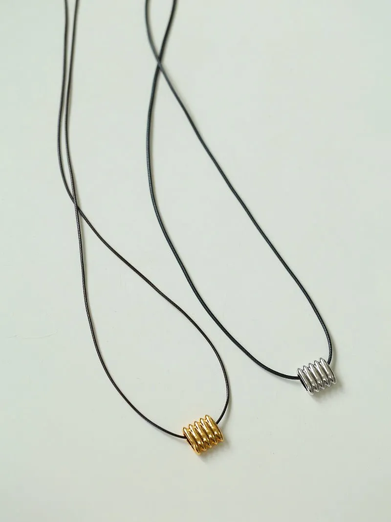 Long Black Leather Necklace with Striped Geometric Pendant