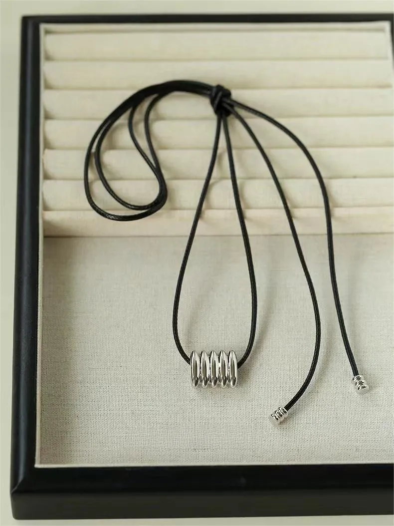 Long Black Leather Necklace with Striped Geometric Pendant