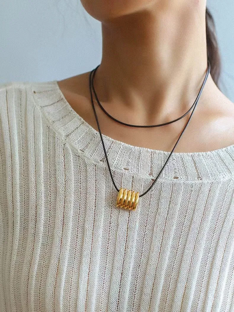 Long Black Leather Necklace with Striped Geometric Pendant