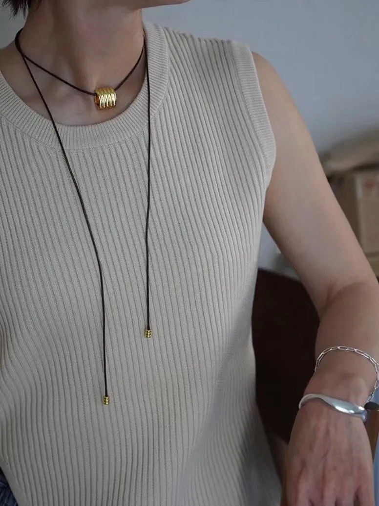 Long Black Leather Necklace with Striped Geometric Pendant