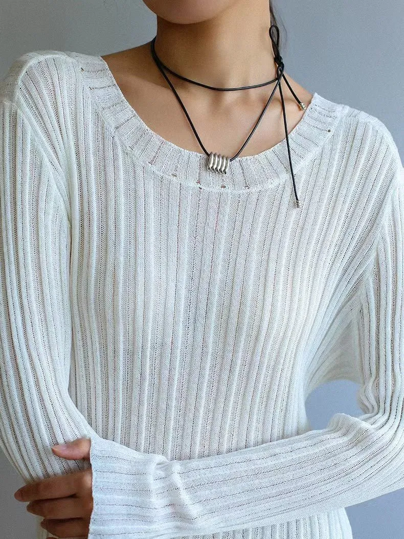 Long Black Leather Necklace with Striped Geometric Pendant