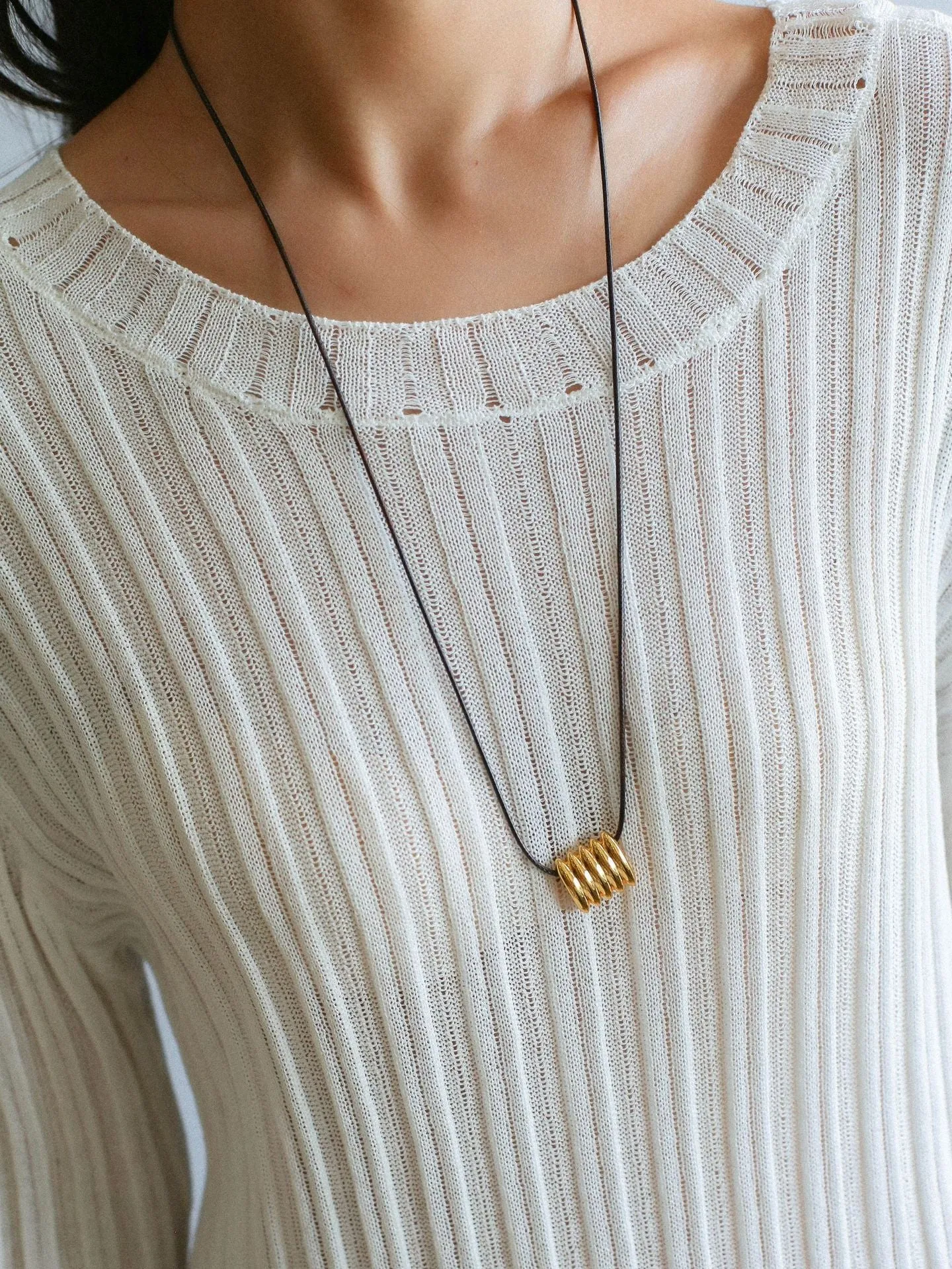 Long Black Leather Necklace with Striped Geometric Pendant