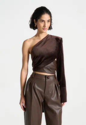 One Sleeve Velour Wrap Top - Brown