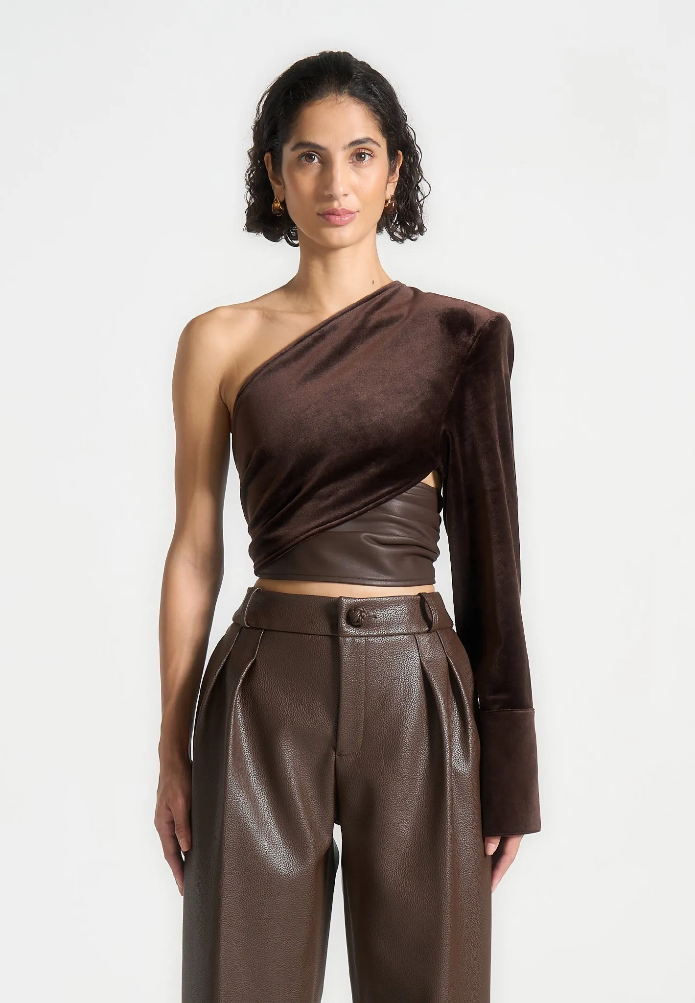 One Sleeve Velour Wrap Top - Brown