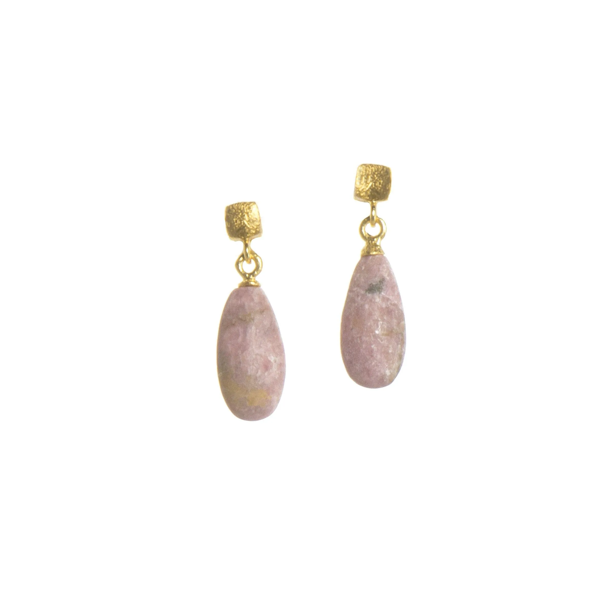 Rhodonite Cube Matte Earrings Fair Trade 24k Gold Vermeil