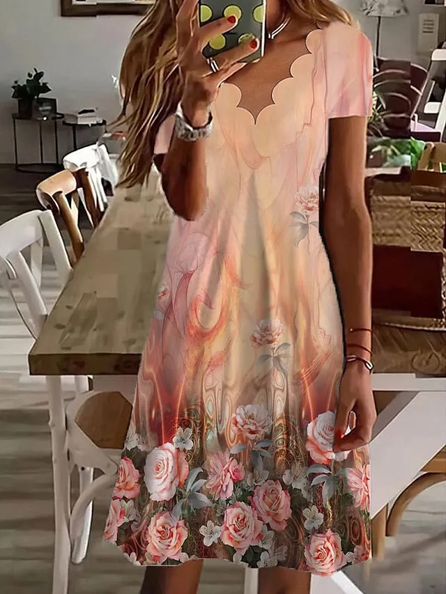 Women's Casual Dress Shift Dress Floral Dress Mini Dress White Pink Red Short Sleeve Floral Ruched Summer Spring Scalloped Neck Fashion Vacation 2023 S M L XL XXL 3XL