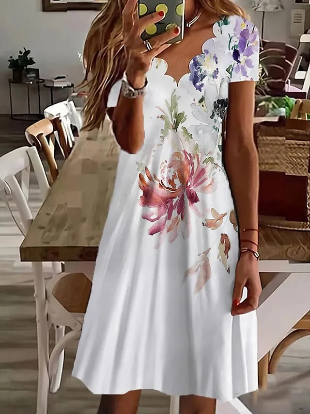 Women's Casual Dress Shift Dress Floral Dress Mini Dress White Pink Red Short Sleeve Floral Ruched Summer Spring Scalloped Neck Fashion Vacation 2023 S M L XL XXL 3XL