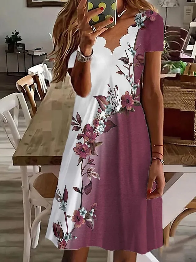 Women's Casual Dress Shift Dress Floral Dress Mini Dress White Pink Red Short Sleeve Floral Ruched Summer Spring Scalloped Neck Fashion Vacation 2023 S M L XL XXL 3XL