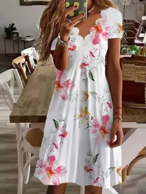 Women's Casual Dress Shift Dress Floral Dress Mini Dress White Pink Red Short Sleeve Floral Ruched Summer Spring Scalloped Neck Fashion Vacation 2023 S M L XL XXL 3XL