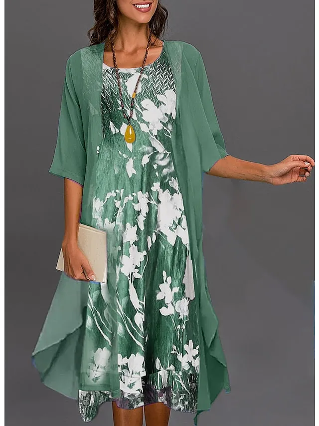 Women's Dress Set Two Piece Dress Midi Dress Green Blue Gray Half Sleeve Floral Print Summer Spring U Neck Casual 2023 S M L XL XXL 3XL